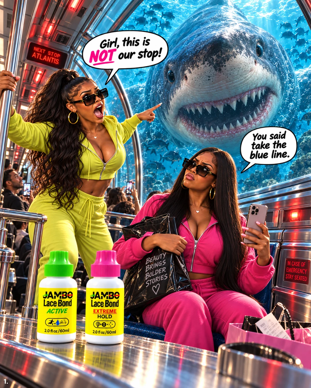 The JAMBO girls discover their underwater train is headed to Atlantis as a huge shark appears outside the glass.