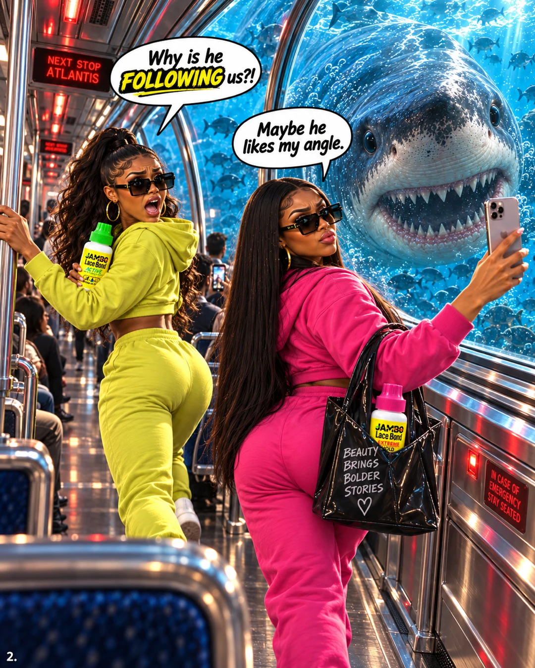A shark follows the girls down the subway car while Pink holds up her selfie camera and Lime carries JAMBO Active.