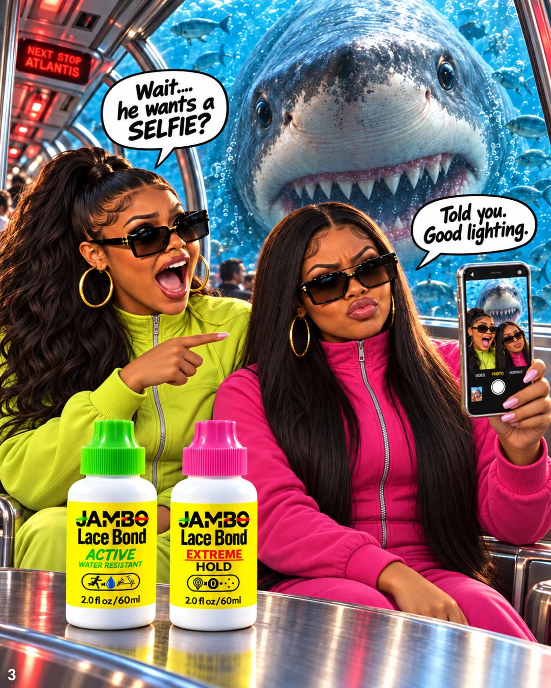 The girls spot the shark in their selfie preview beside JAMBO Active and Extreme Hold bottles.