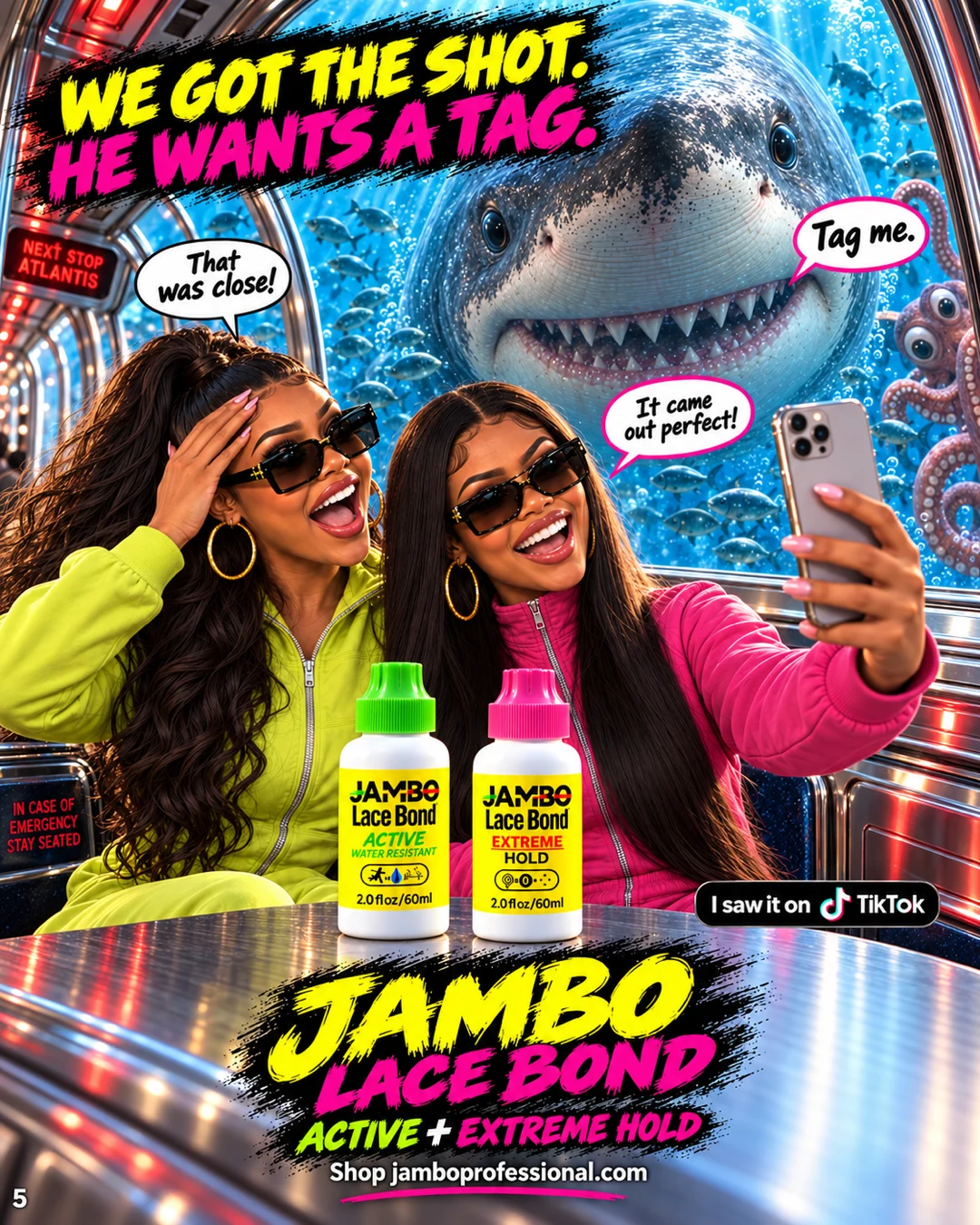 The JAMBO girls get their product photo, the shark asks for a tag, and an octopus peeks around the window.
