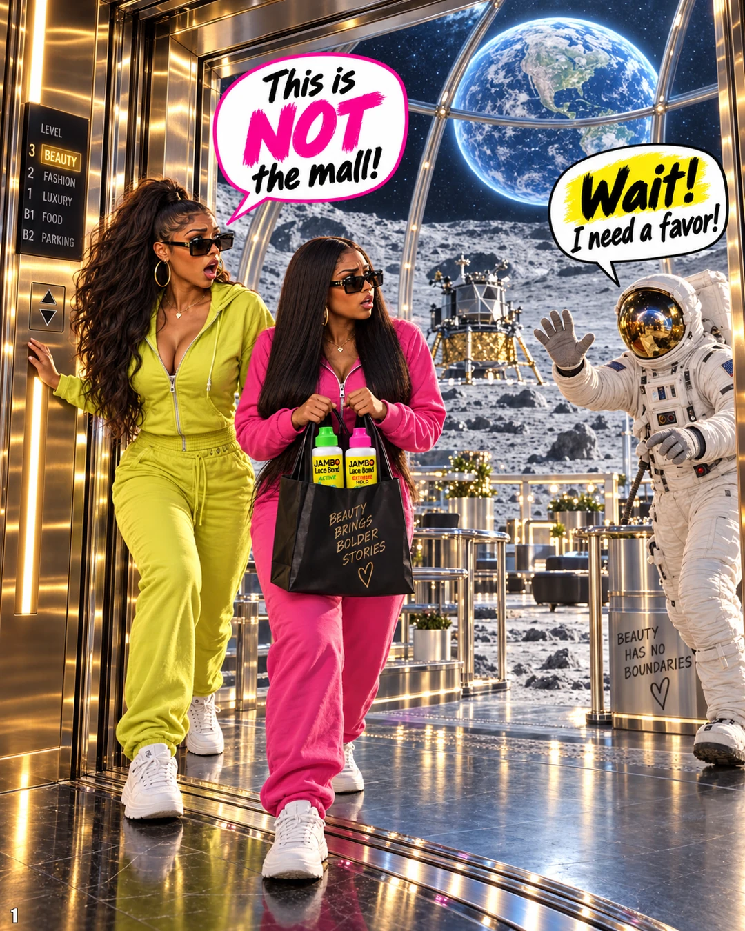 The JAMBO girls step out of a gold elevator onto a moon base, where an astronaut waves for help.