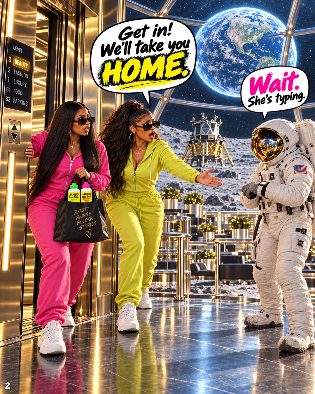 The girls hold the elevator for the astronaut, who checks his wrist device instead of getting in.