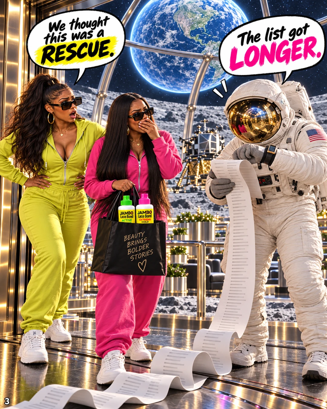 The astronaut unrolls an enormous shopping list while the JAMBO girls react beside their product bag.