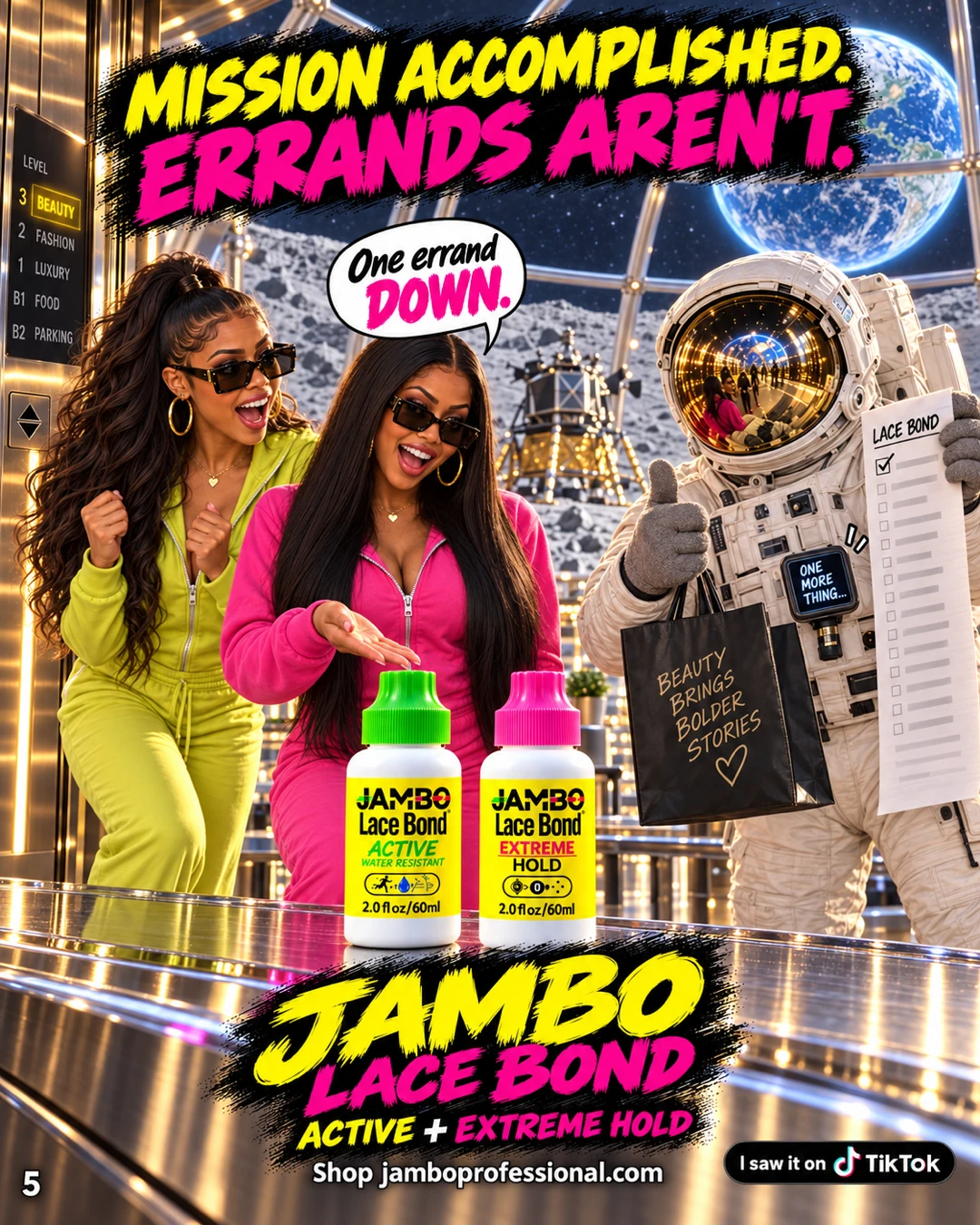 The astronaut checks Lace Bond off his list beside both JAMBO bottles as his wrist screen reads One More Thing.