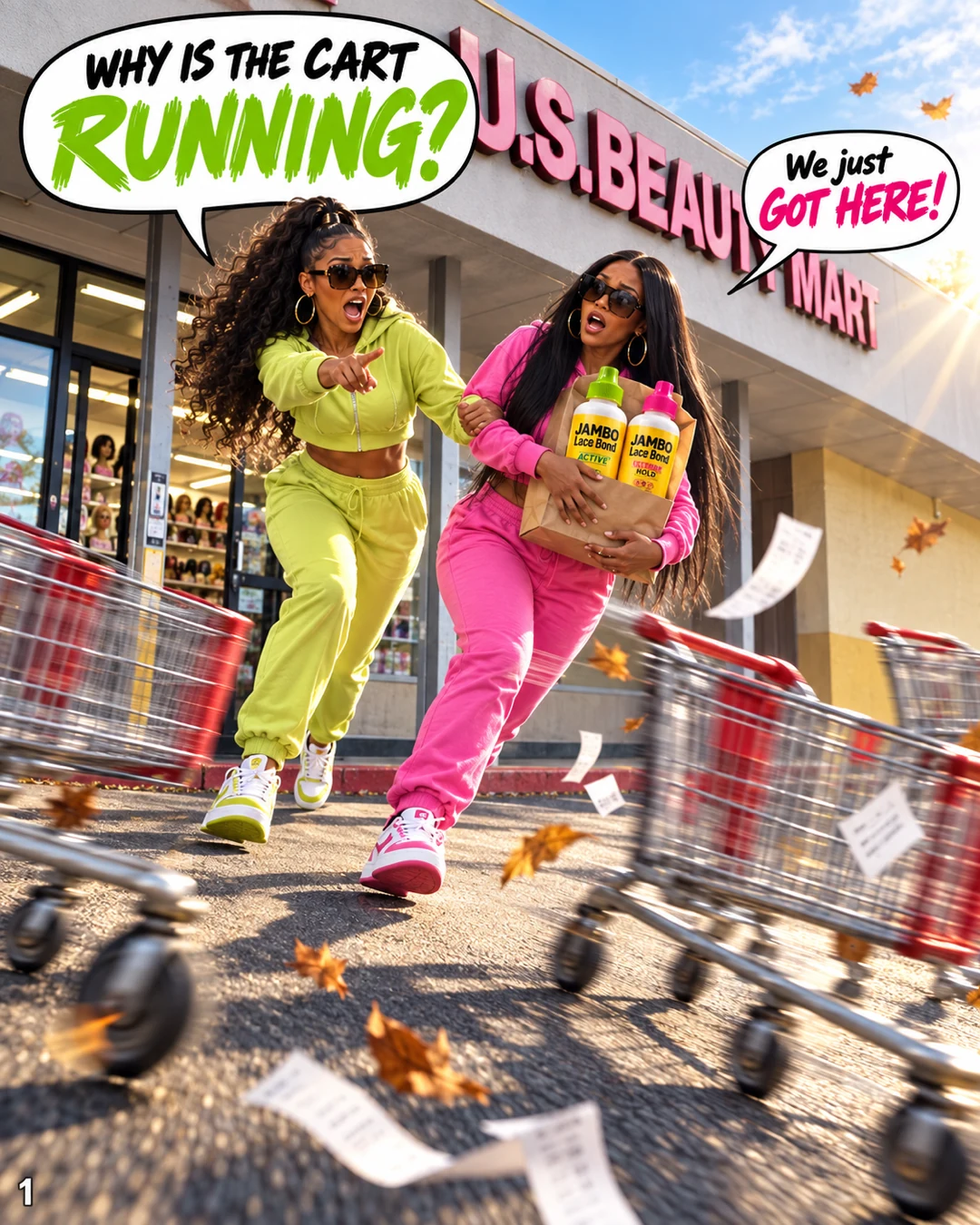The JAMBO girls dodge runaway shopping carts outside US Beauty Mart Marietta.