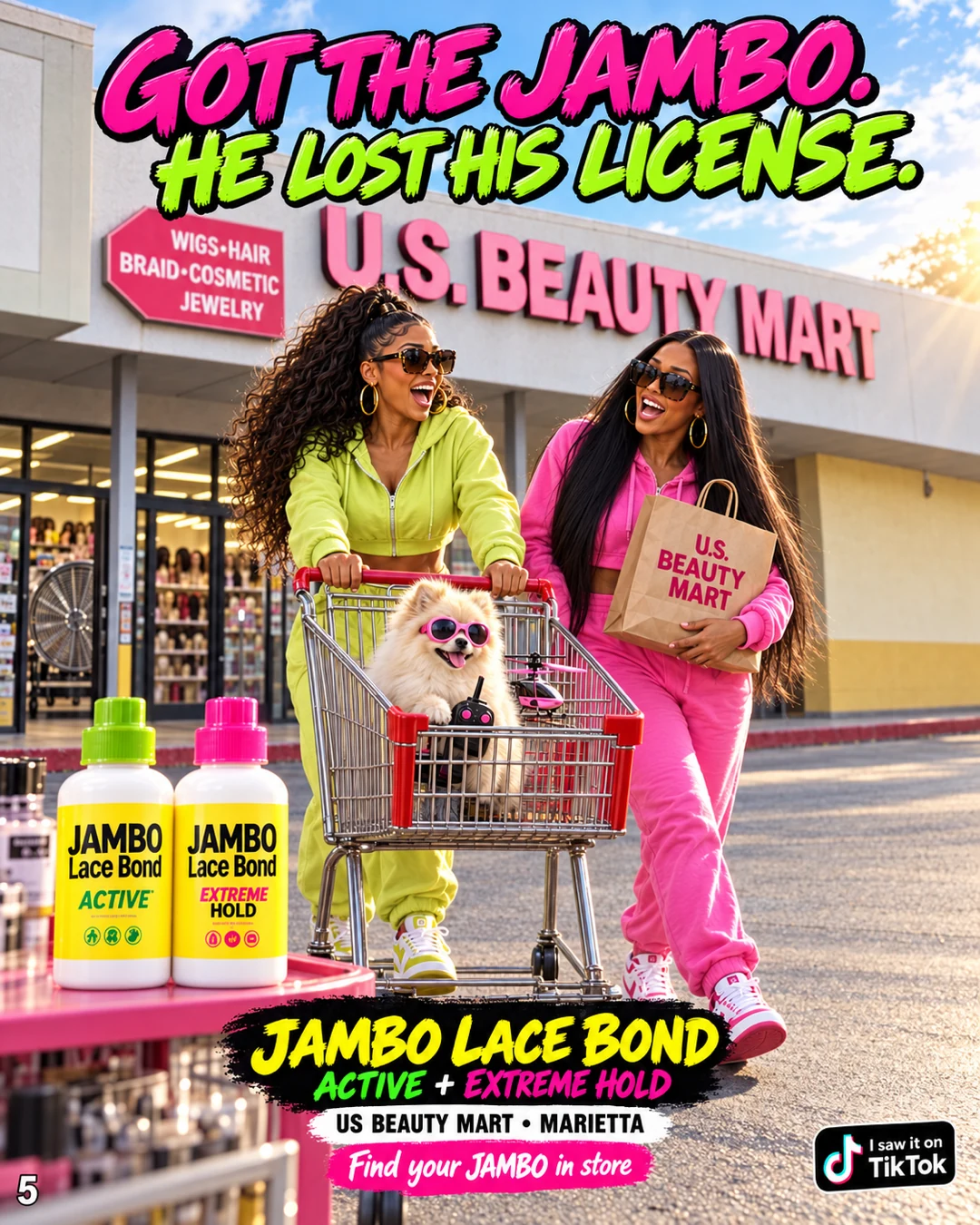 The girls leave US Beauty Mart Marietta with JAMBO as the dog rides as a passenger in their cart.