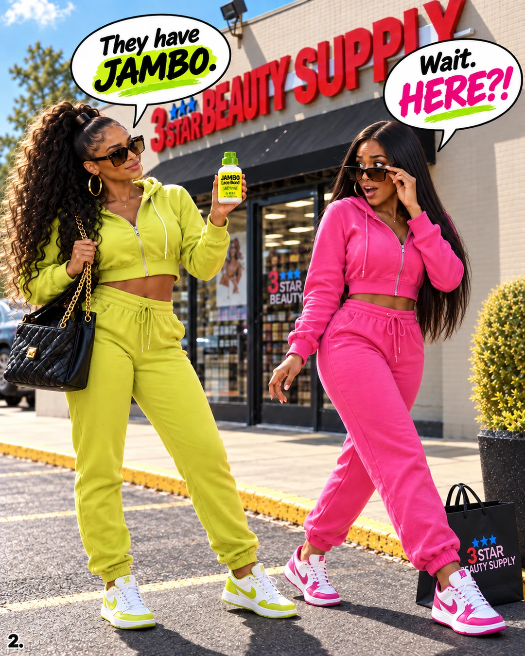 Lime shows a green-cap JAMBO Active bottle; Pink lowers her sunglasses in surprise outside the store.