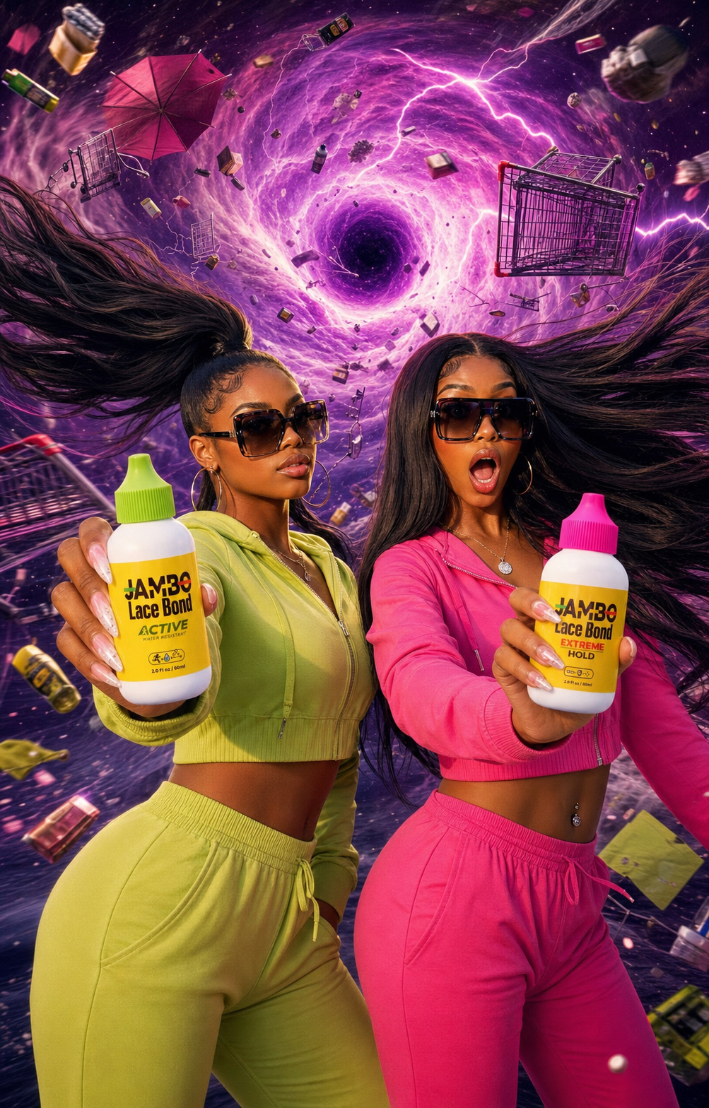 The Jambo girls in green and pink holding Active and Extreme Hold Lace Bond while a cosmic storm rages behind them