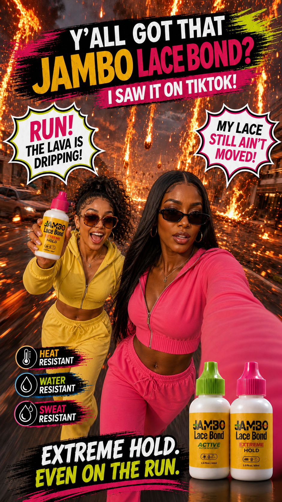 Two Jambo models running from falling lava while holding Jambo Lace Bond Extreme